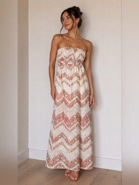 Ardene Strapless Cream Maxi Dress with Coral Floral Chevron